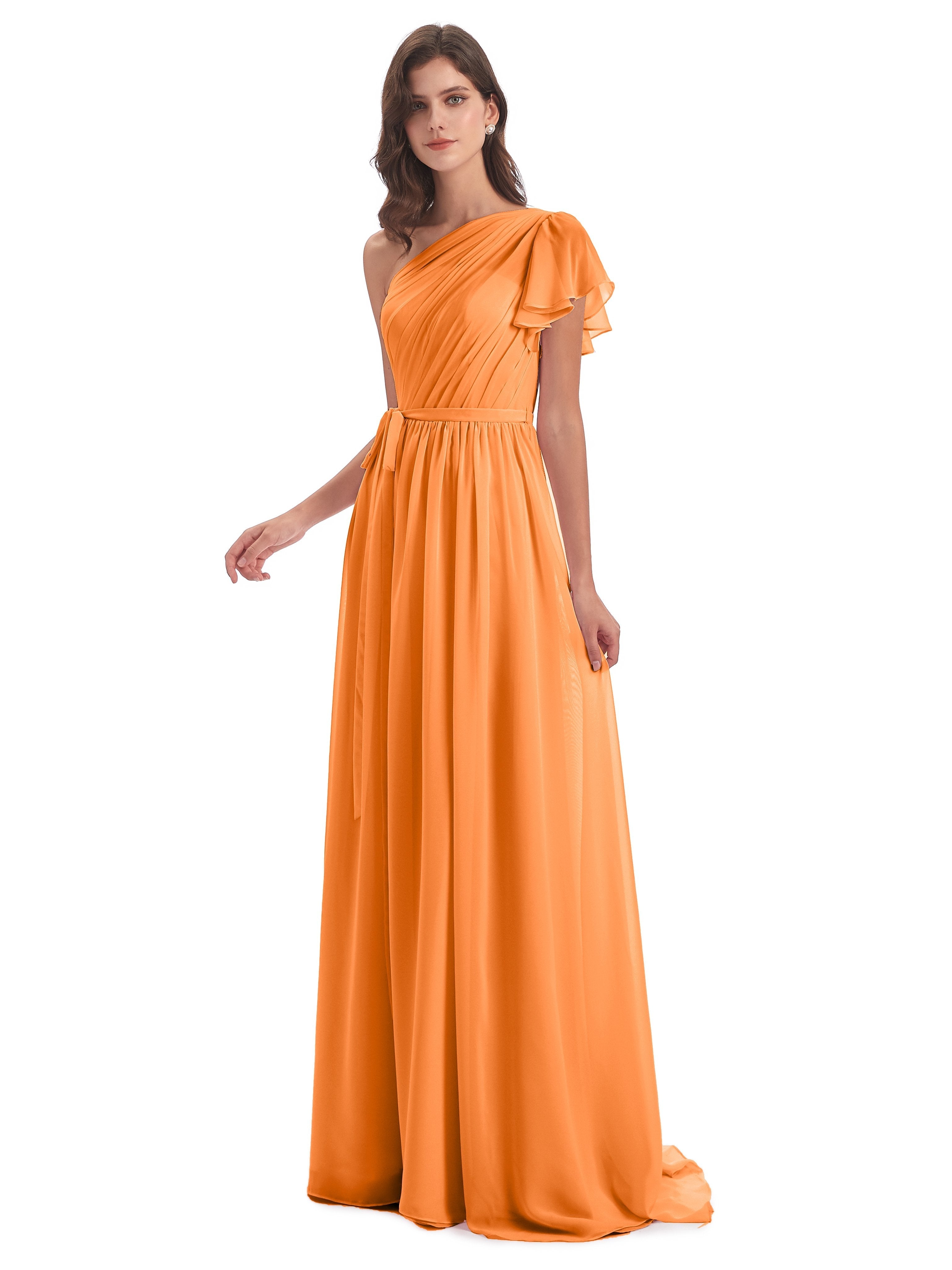 A-line Sweep-Brush Train One Shoulder Chiffon Long Bridesmaid Dresses