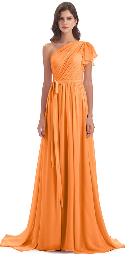A-line Sweep-Brush Train One Shoulder Chiffon Long Bridesmaid Dresses