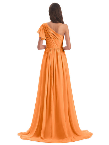 A-line Sweep-Brush Train One Shoulder Chiffon Long Bridesmaid Dresses
