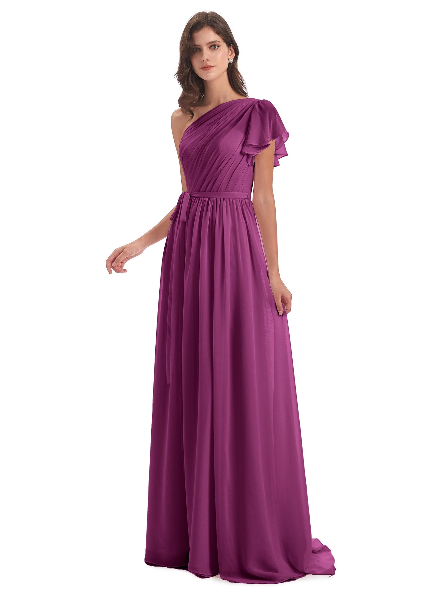 A-line Sweep-Brush Train One Shoulder Chiffon Long Bridesmaid Dresses