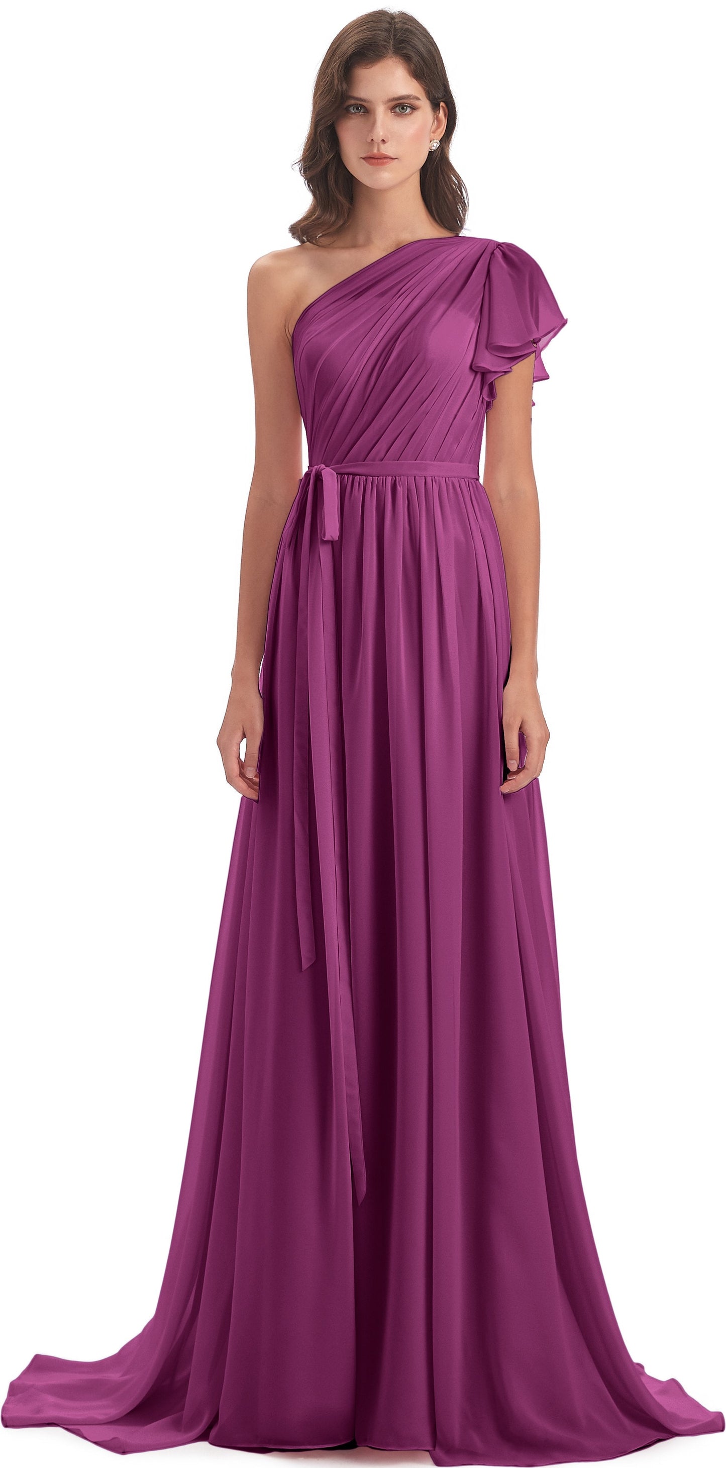 A-line Sweep-Brush Train One Shoulder Chiffon Long Bridesmaid Dresses