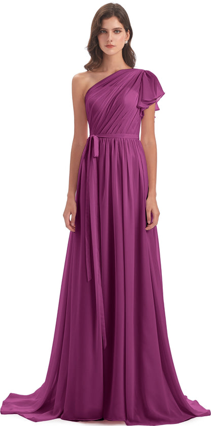 A-line Sweep-Brush Train One Shoulder Chiffon Long Bridesmaid Dresses