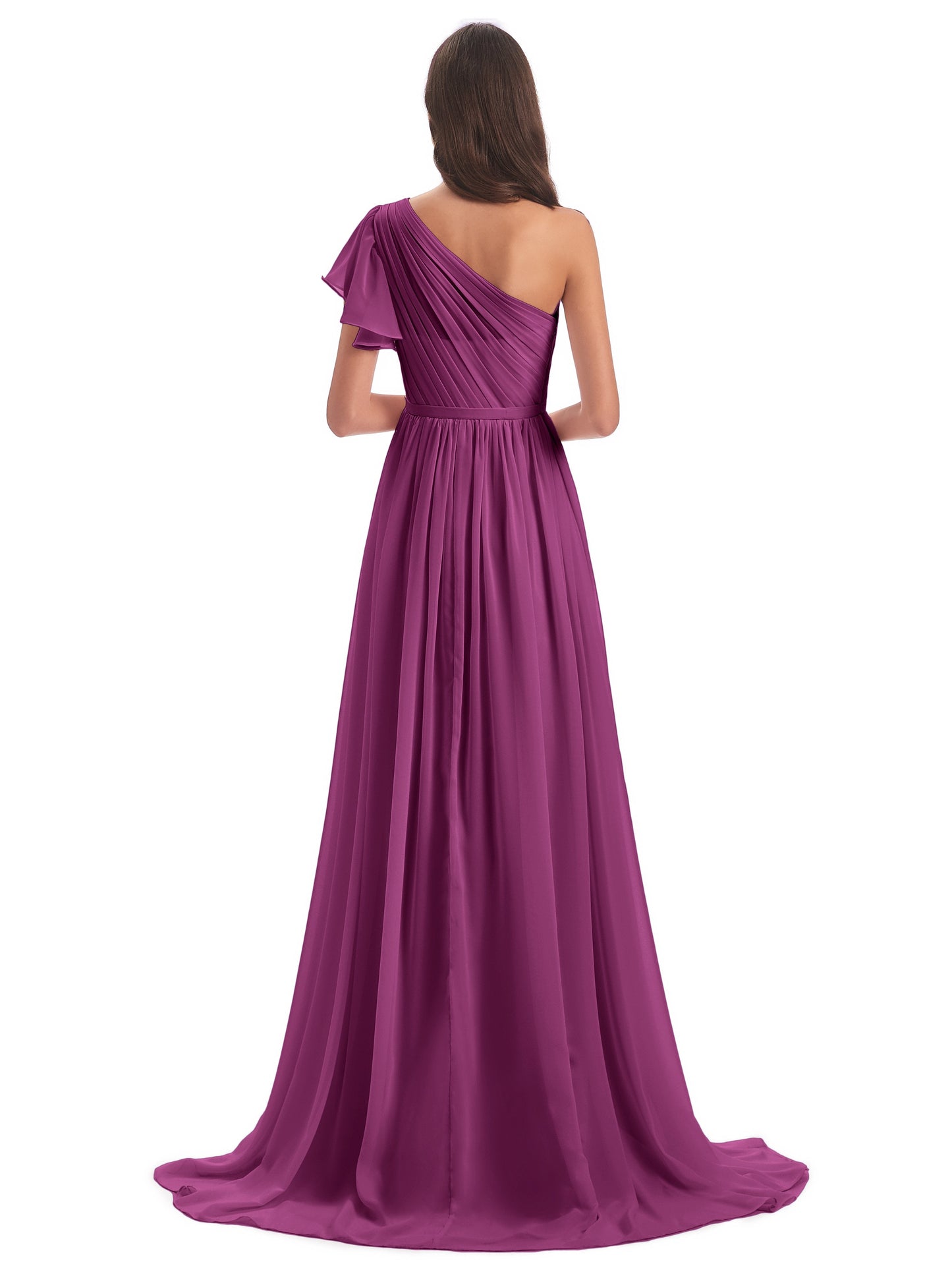 A-line Sweep-Brush Train One Shoulder Chiffon Long Bridesmaid Dresses