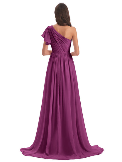 A-line Sweep-Brush Train One Shoulder Chiffon Long Bridesmaid Dresses