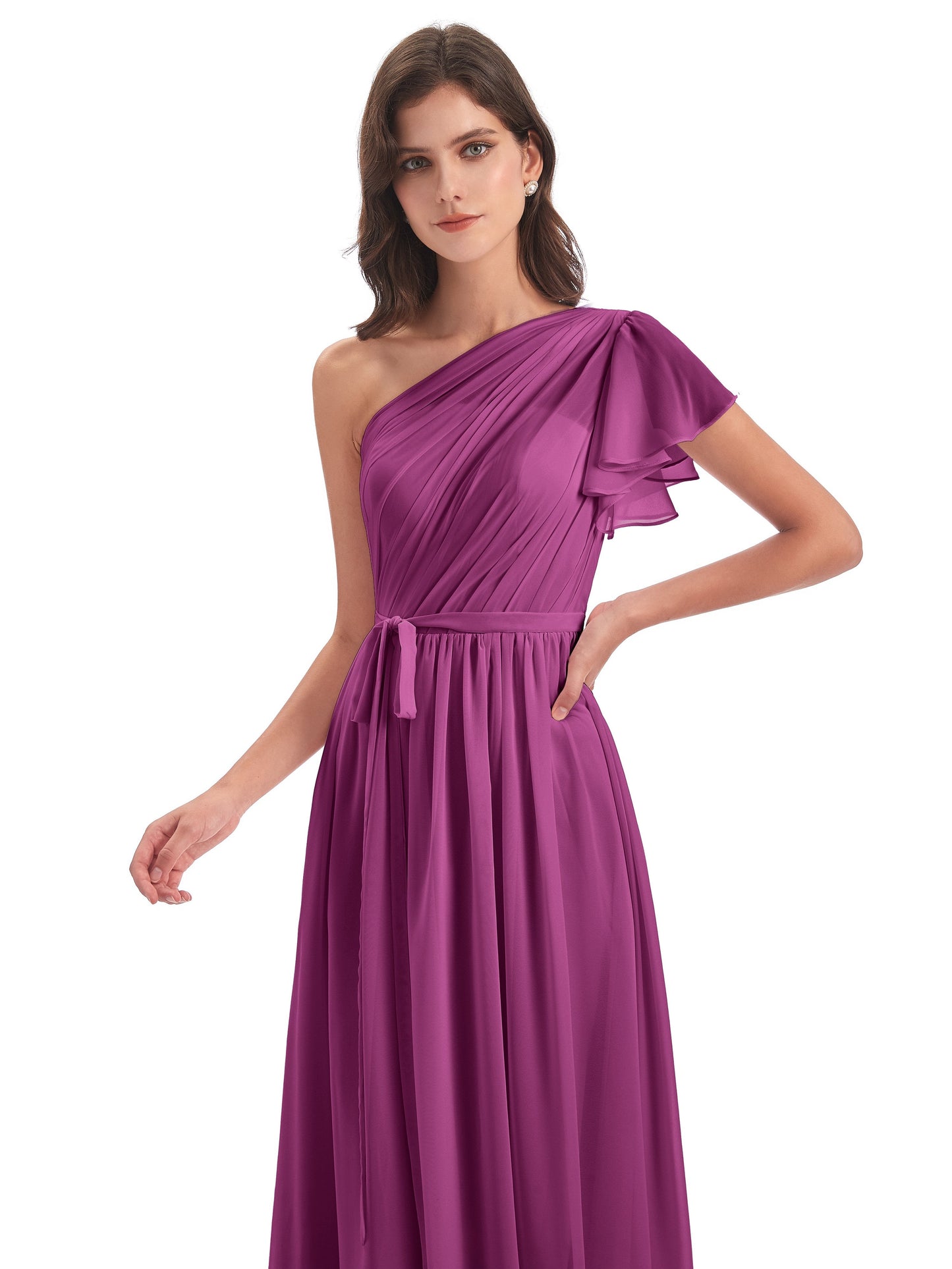 A-line Sweep-Brush Train One Shoulder Chiffon Long Bridesmaid Dresses