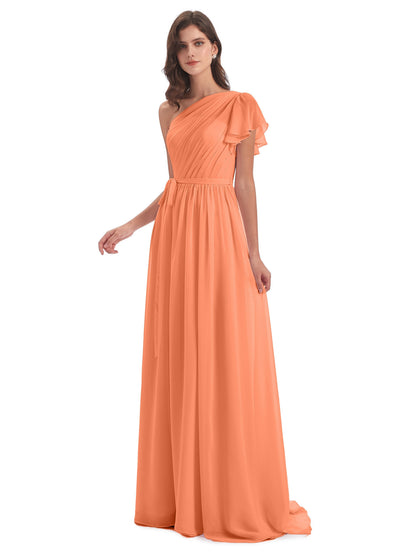 A-line Sweep-Brush Train One Shoulder Chiffon Long Bridesmaid Dresses