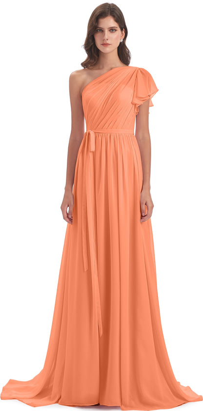 A-line Sweep-Brush Train One Shoulder Chiffon Long Bridesmaid Dresses