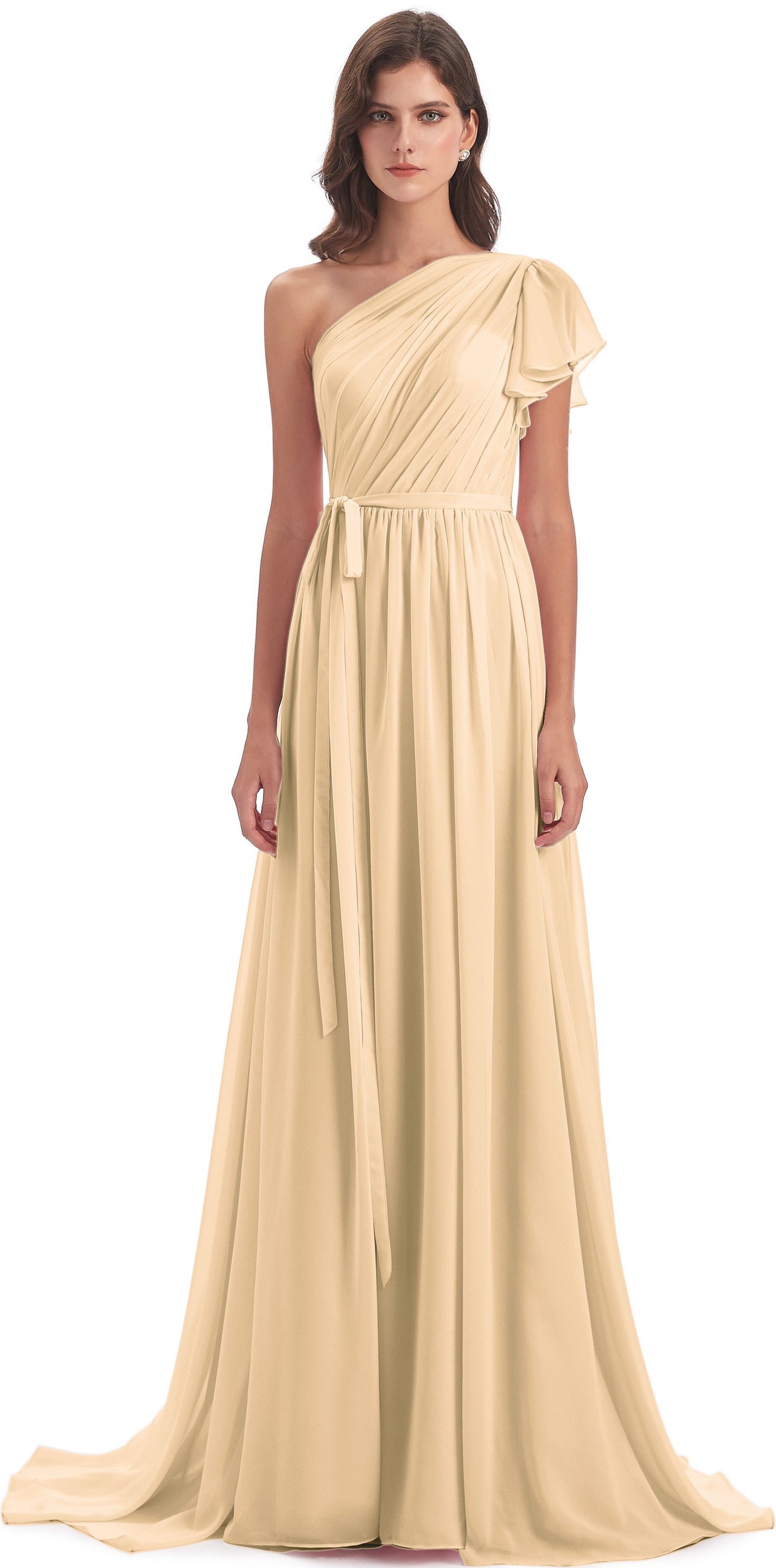 A-line Sweep-Brush Train One Shoulder Chiffon Long Bridesmaid Dresses