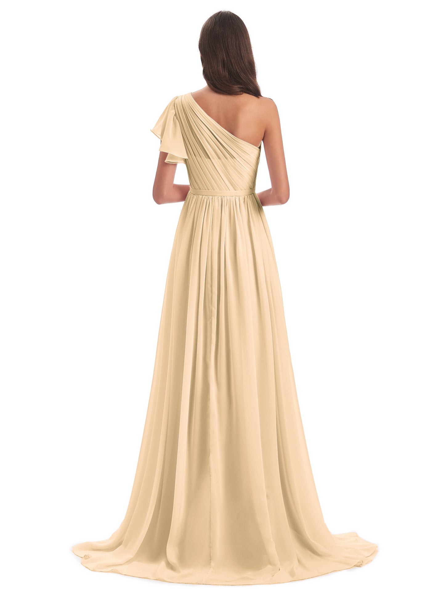 A-line Sweep-Brush Train One Shoulder Chiffon Long Bridesmaid Dresses