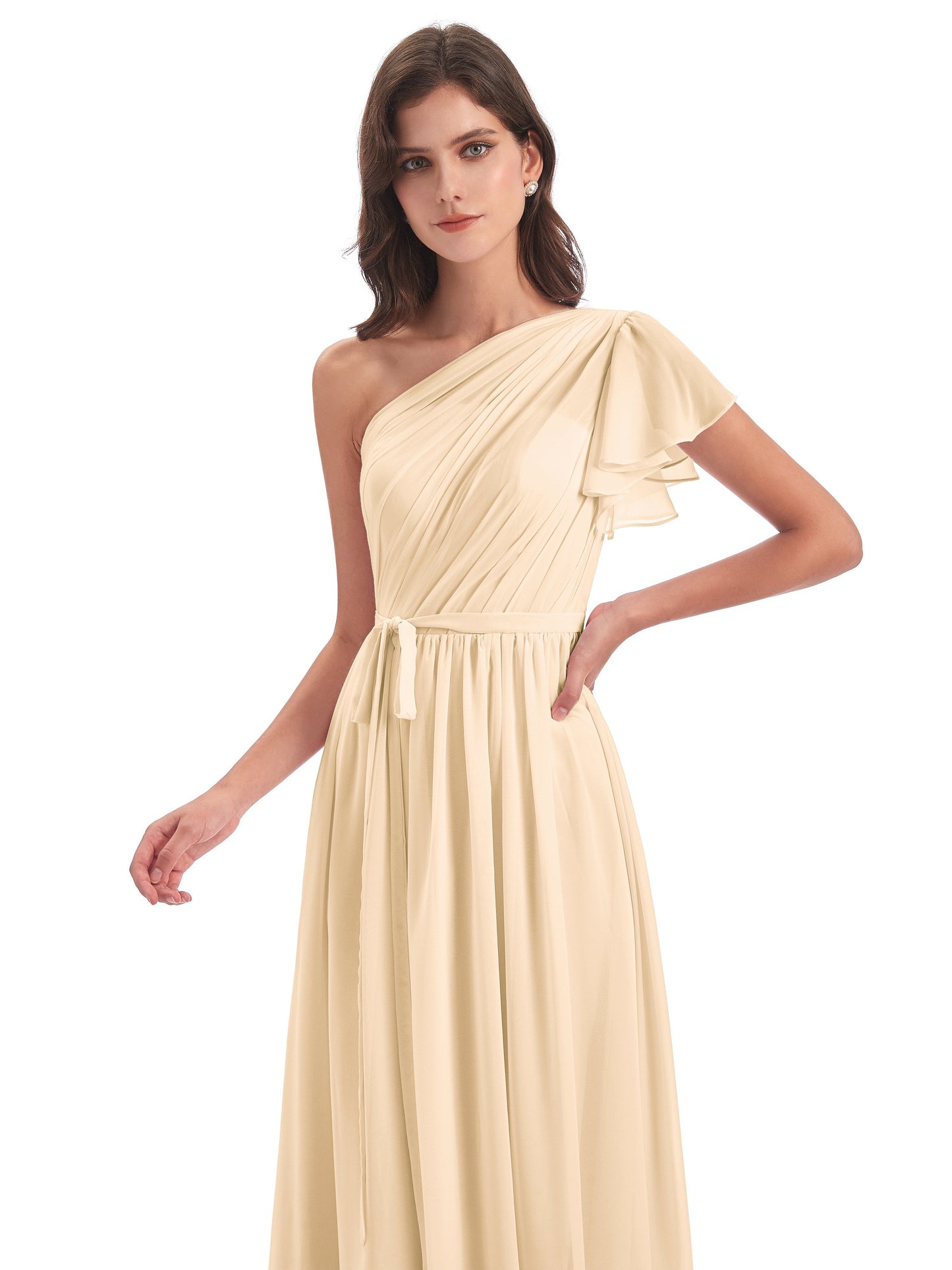 A-line Sweep-Brush Train One Shoulder Chiffon Long Bridesmaid Dresses