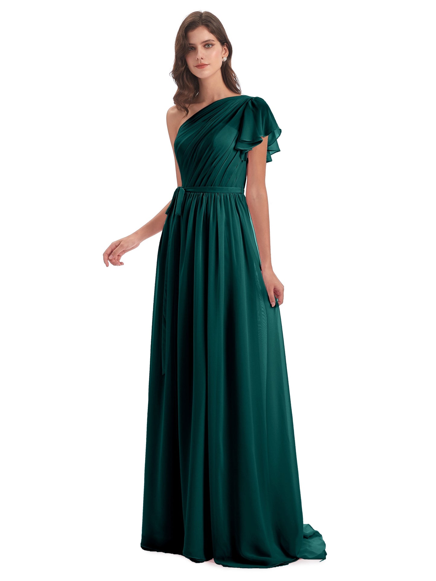 A-line Sweep-Brush Train One Shoulder Chiffon Long Bridesmaid Dresses