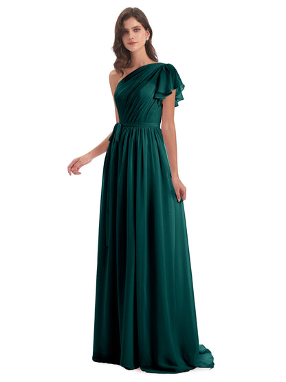 A-line Sweep-Brush Train One Shoulder Chiffon Long Bridesmaid Dresses
