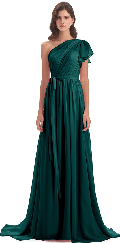 A-line Sweep-Brush Train One Shoulder Chiffon Long Bridesmaid Dresses