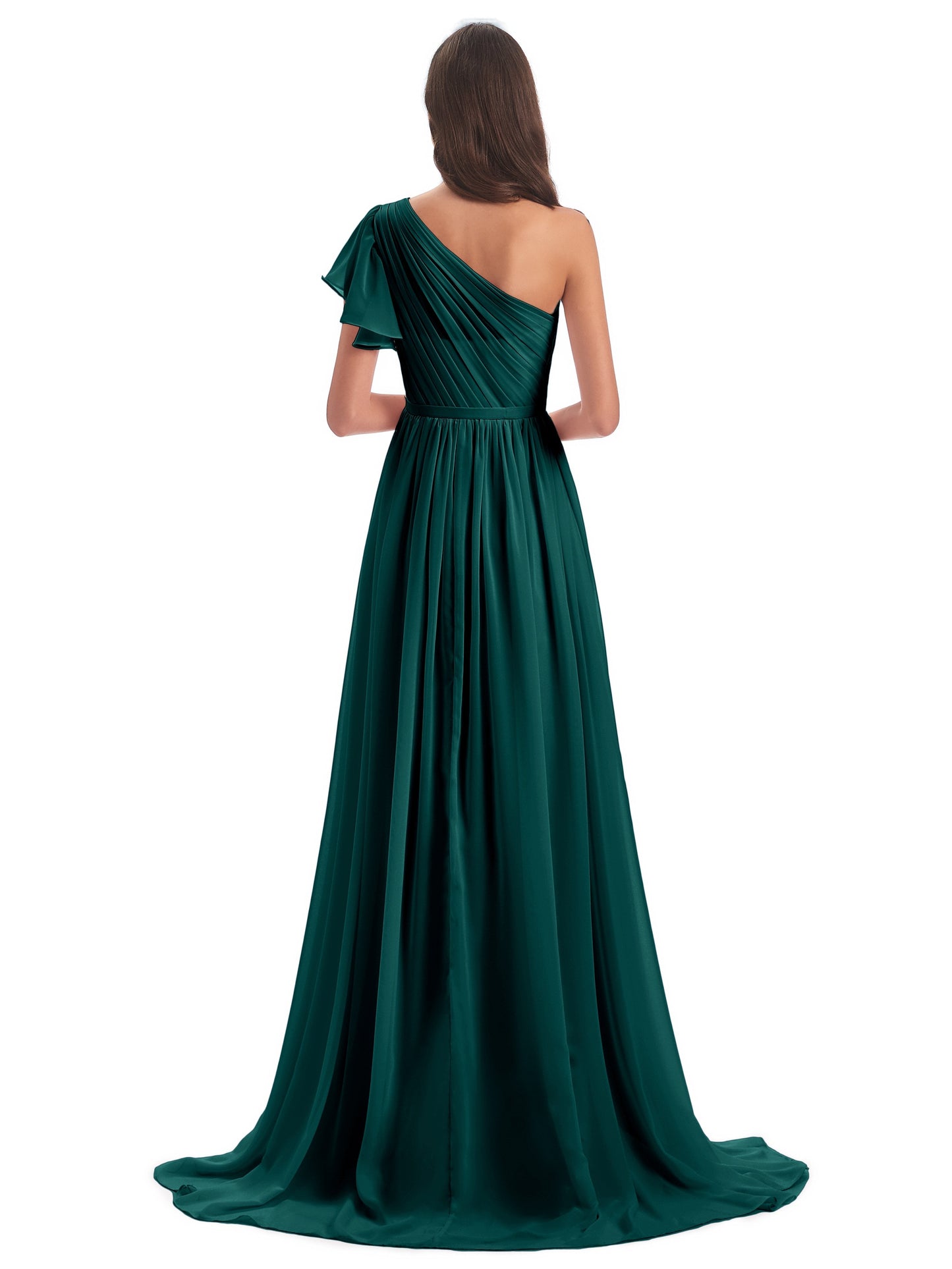 A-line Sweep-Brush Train One Shoulder Chiffon Long Bridesmaid Dresses