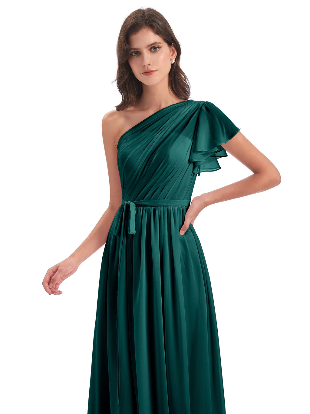 A-line Sweep-Brush Train One Shoulder Chiffon Long Bridesmaid Dresses