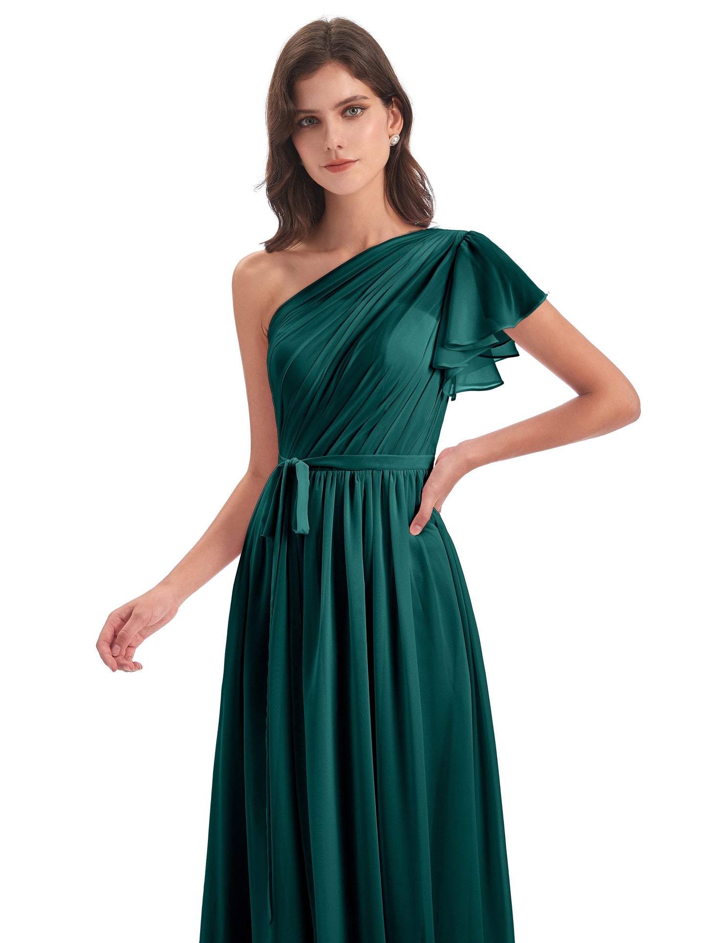 A-line Sweep-Brush Train One Shoulder Chiffon Long Bridesmaid Dresses