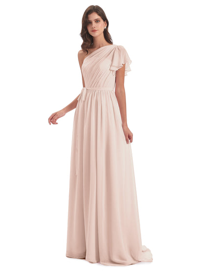 A-line Sweep-Brush Train One Shoulder Chiffon Long Bridesmaid Dresses