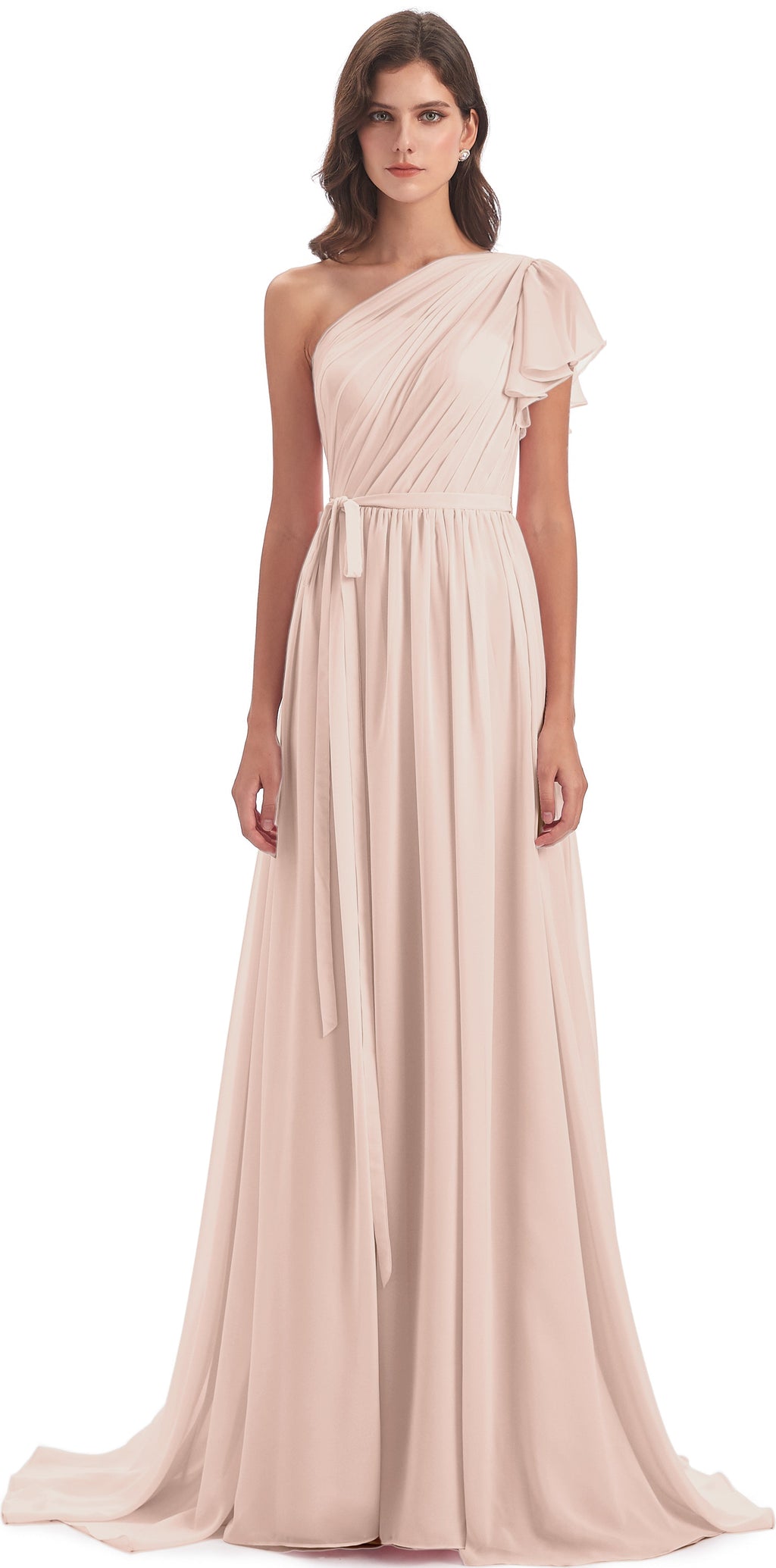 A-line Sweep-Brush Train One Shoulder Chiffon Long Bridesmaid Dresses
