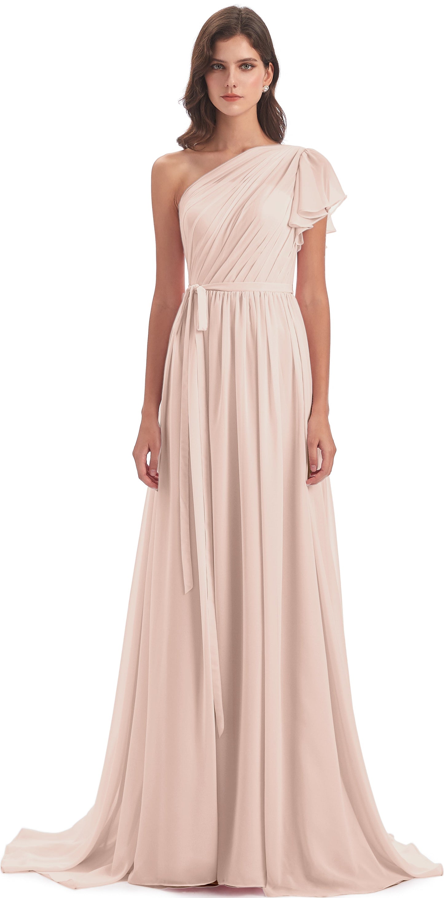 A-line Sweep-Brush Train One Shoulder Chiffon Long Bridesmaid Dresses
