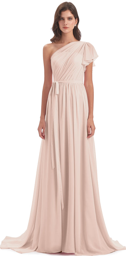 A-line Sweep-Brush Train One Shoulder Chiffon Long Bridesmaid Dresses