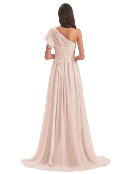 A-line Sweep-Brush Train One Shoulder Chiffon Long Bridesmaid Dresses