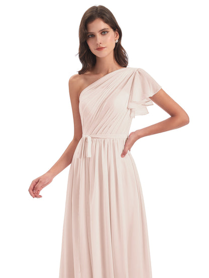 A-line Sweep-Brush Train One Shoulder Chiffon Long Bridesmaid Dresses