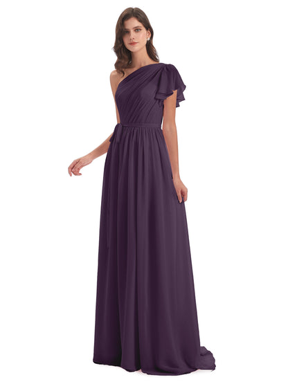 A-line Sweep-Brush Train One Shoulder Chiffon Long Bridesmaid Dresses