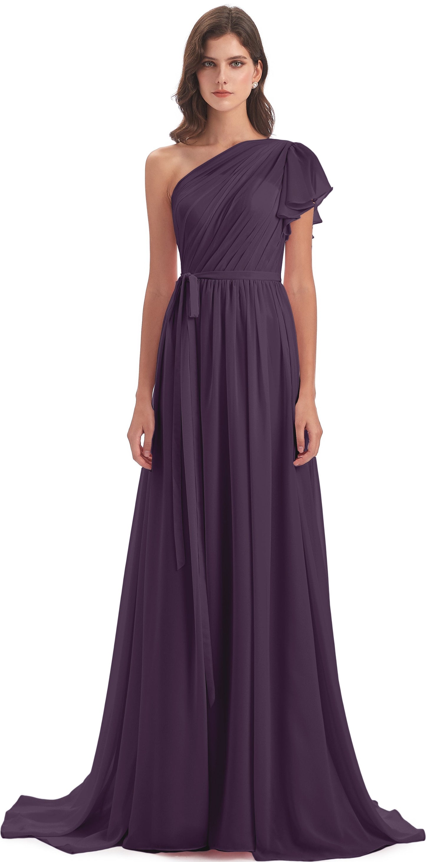 A-line Sweep-Brush Train One Shoulder Chiffon Long Bridesmaid Dresses