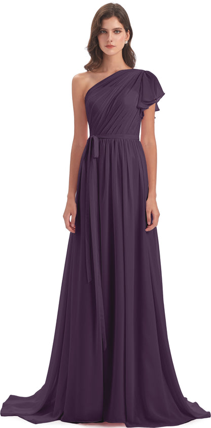 A-line Sweep-Brush Train One Shoulder Chiffon Long Bridesmaid Dresses