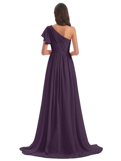 A-line Sweep-Brush Train One Shoulder Chiffon Long Bridesmaid Dresses