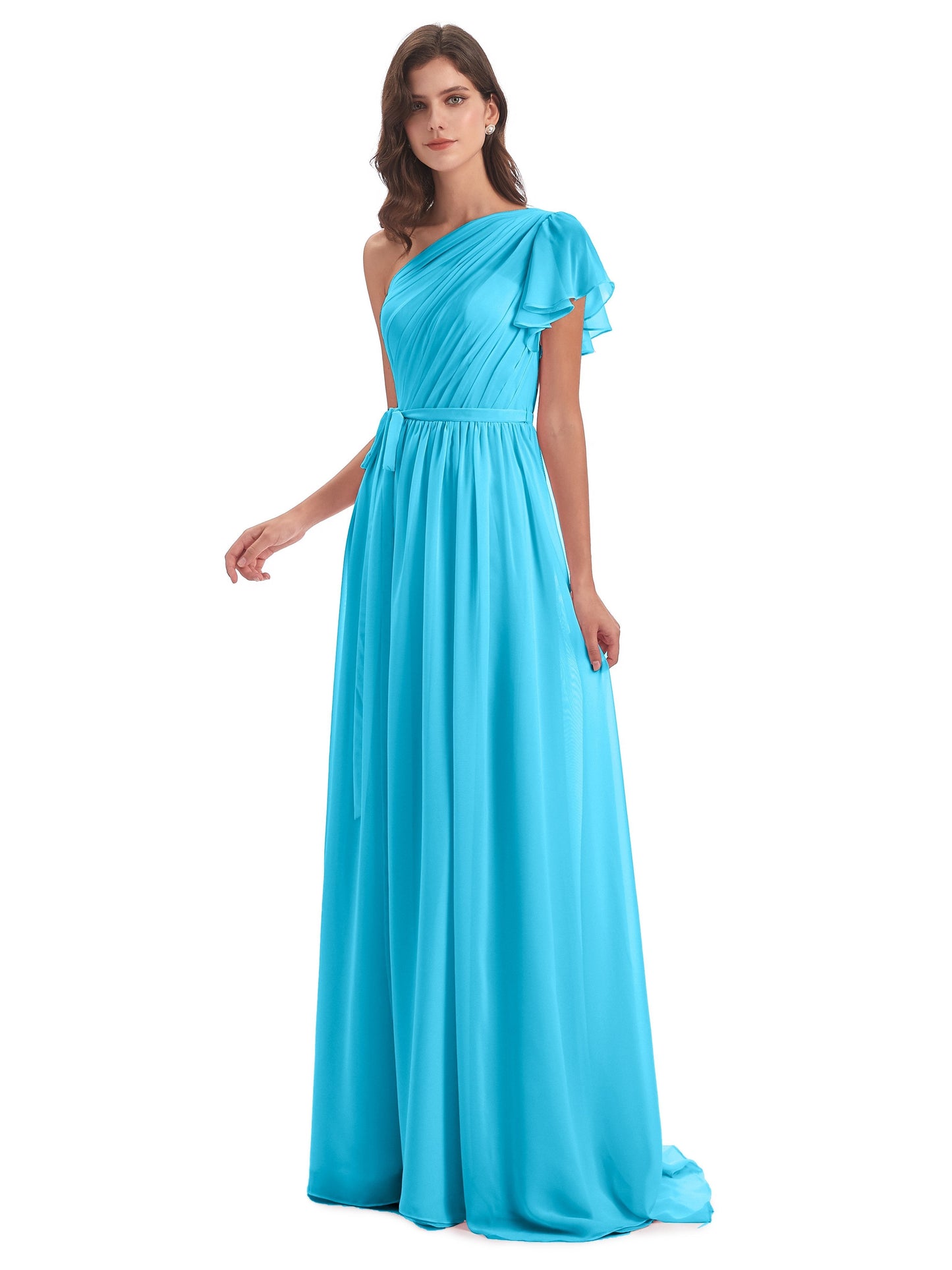 A-line Sweep-Brush Train One Shoulder Chiffon Long Bridesmaid Dresses