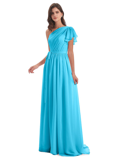 A-line Sweep-Brush Train One Shoulder Chiffon Long Bridesmaid Dresses