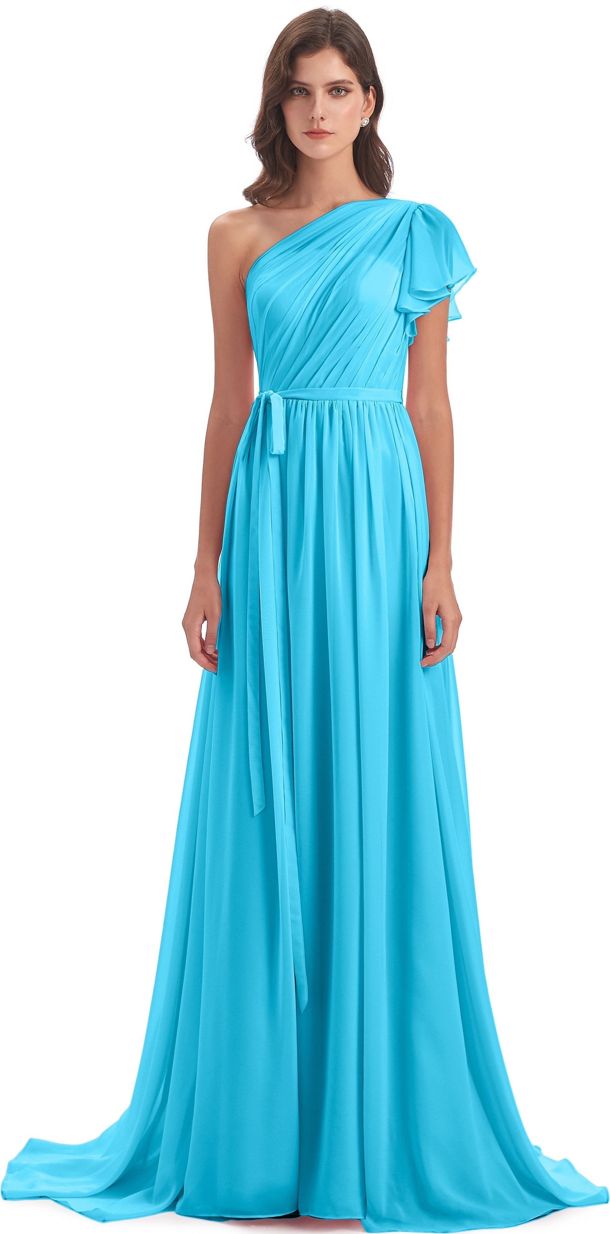 A-line Sweep-Brush Train One Shoulder Chiffon Long Bridesmaid Dresses