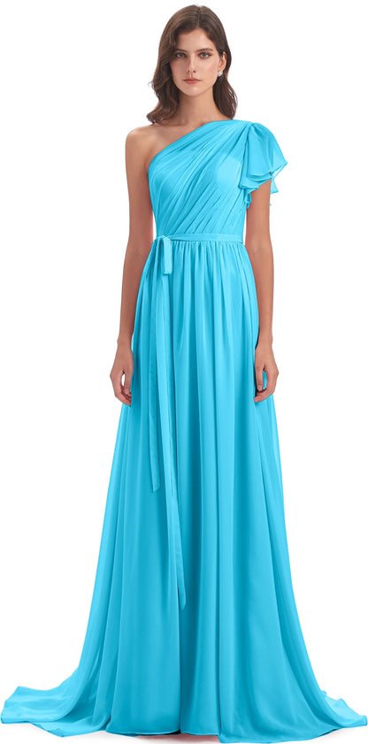 A-line Sweep-Brush Train One Shoulder Chiffon Long Bridesmaid Dresses