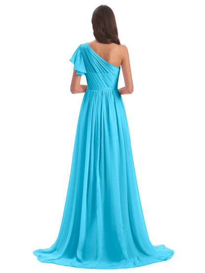 A-line Sweep-Brush Train One Shoulder Chiffon Long Bridesmaid Dresses