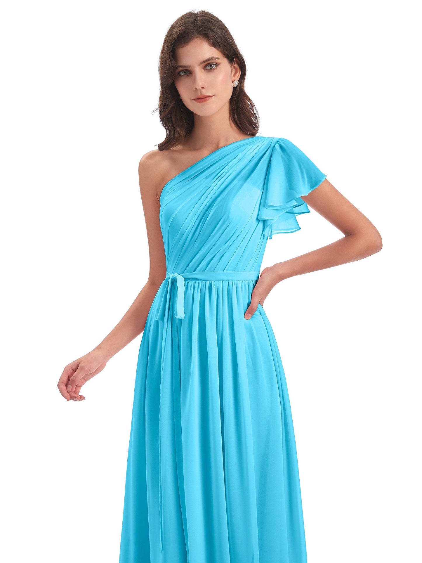 A-line Sweep-Brush Train One Shoulder Chiffon Long Bridesmaid Dresses