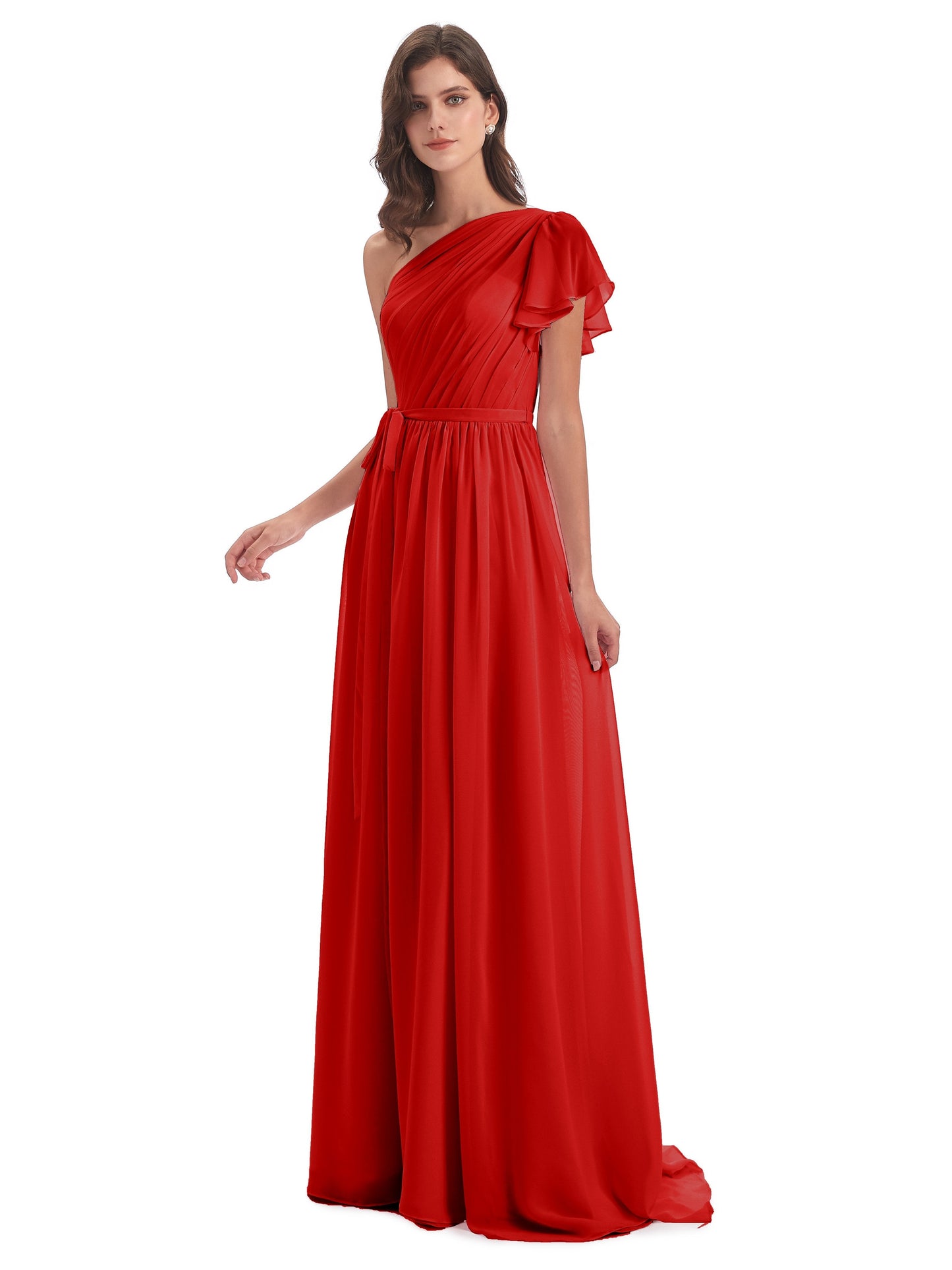 A-line Sweep-Brush Train One Shoulder Chiffon Long Bridesmaid Dresses