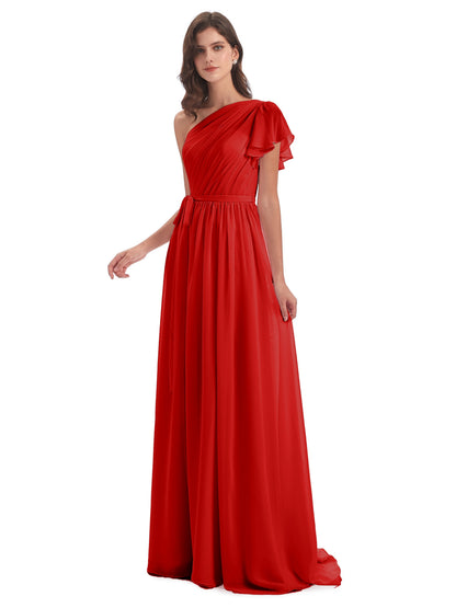 A-line Sweep-Brush Train One Shoulder Chiffon Long Bridesmaid Dresses
