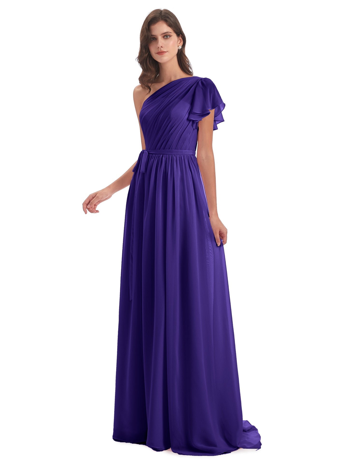 A-line Sweep-Brush Train One Shoulder Chiffon Long Bridesmaid Dresses