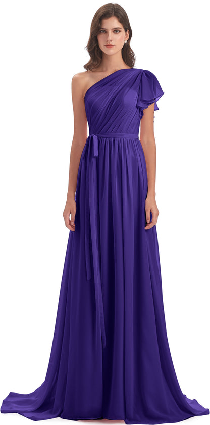 A-line Sweep-Brush Train One Shoulder Chiffon Long Bridesmaid Dresses