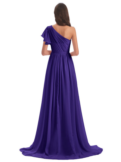 A-line Sweep-Brush Train One Shoulder Chiffon Long Bridesmaid Dresses