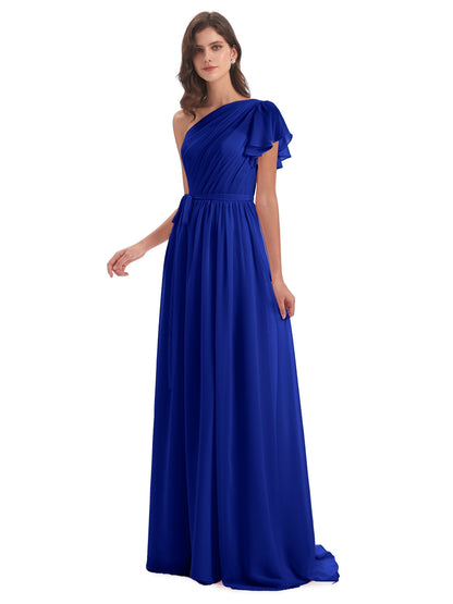 A-line Sweep-Brush Train One Shoulder Chiffon Long Bridesmaid Dresses