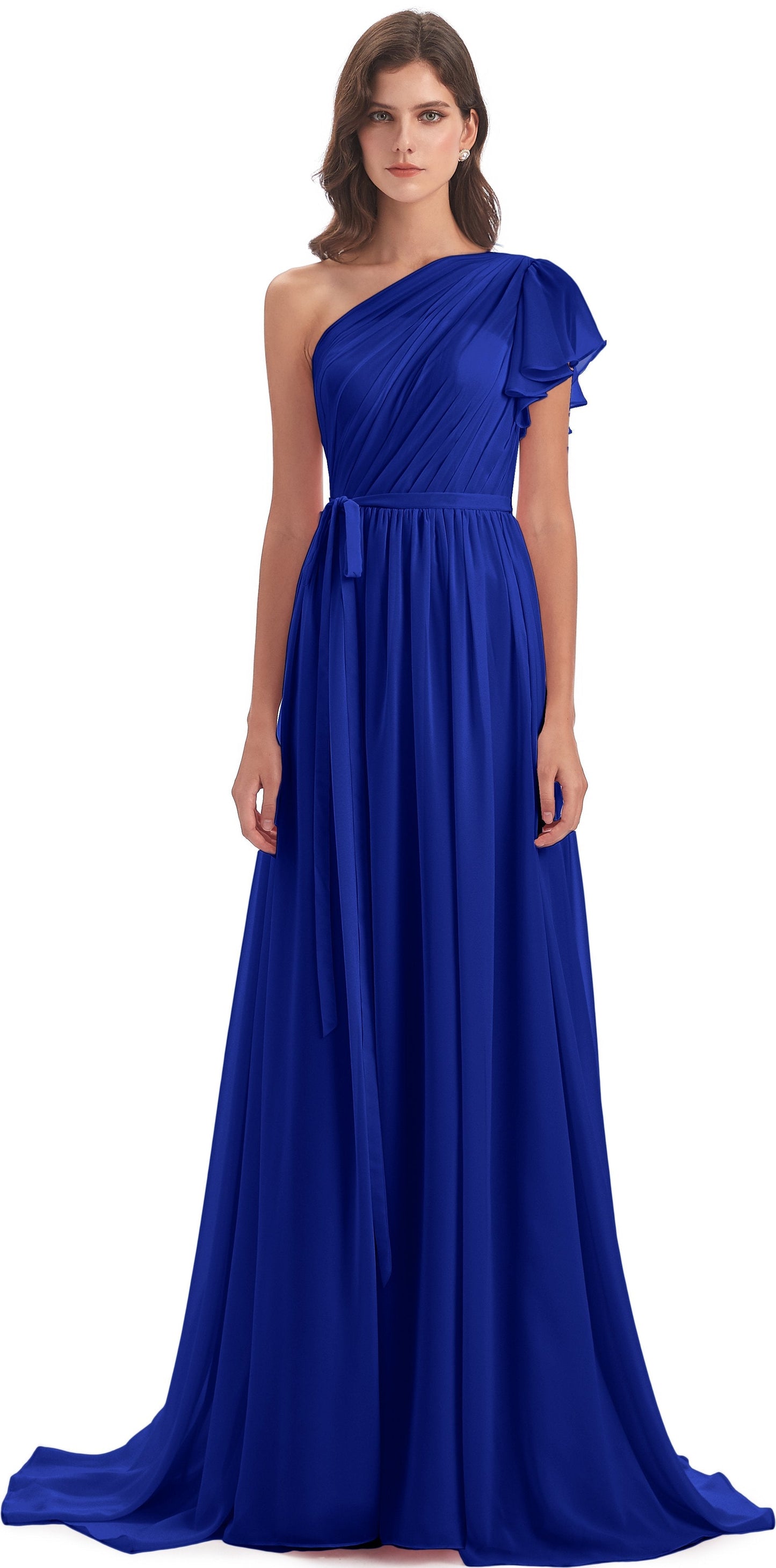 A-line Sweep-Brush Train One Shoulder Chiffon Long Bridesmaid Dresses