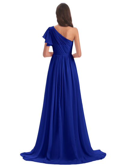A-line Sweep-Brush Train One Shoulder Chiffon Long Bridesmaid Dresses