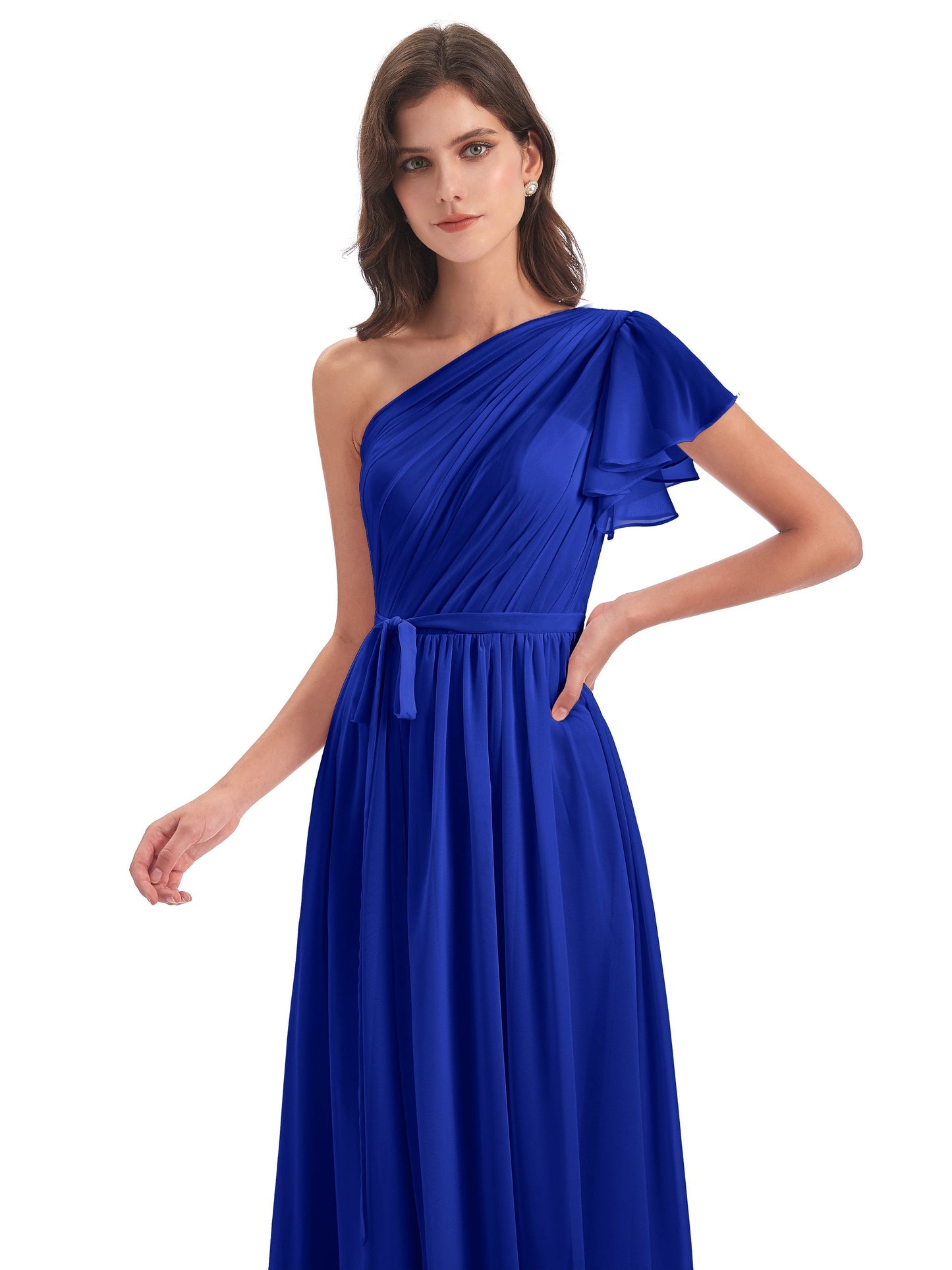A-line Sweep-Brush Train One Shoulder Chiffon Long Bridesmaid Dresses