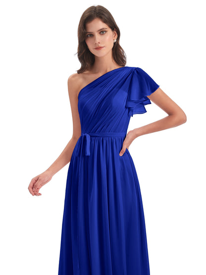 A-line Sweep-Brush Train One Shoulder Chiffon Long Bridesmaid Dresses