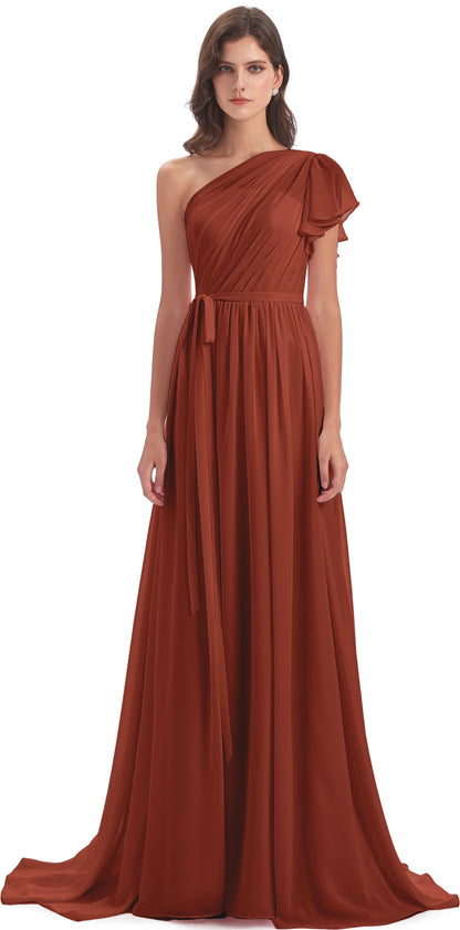 A-line Sweep-Brush Train One Shoulder Chiffon Long Bridesmaid Dresses