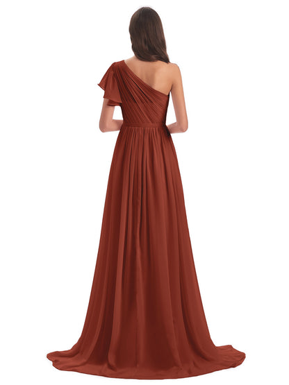 A-line Sweep-Brush Train One Shoulder Chiffon Long Bridesmaid Dresses