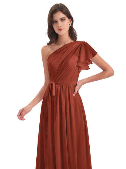 A-line Sweep-Brush Train One Shoulder Chiffon Long Bridesmaid Dresses