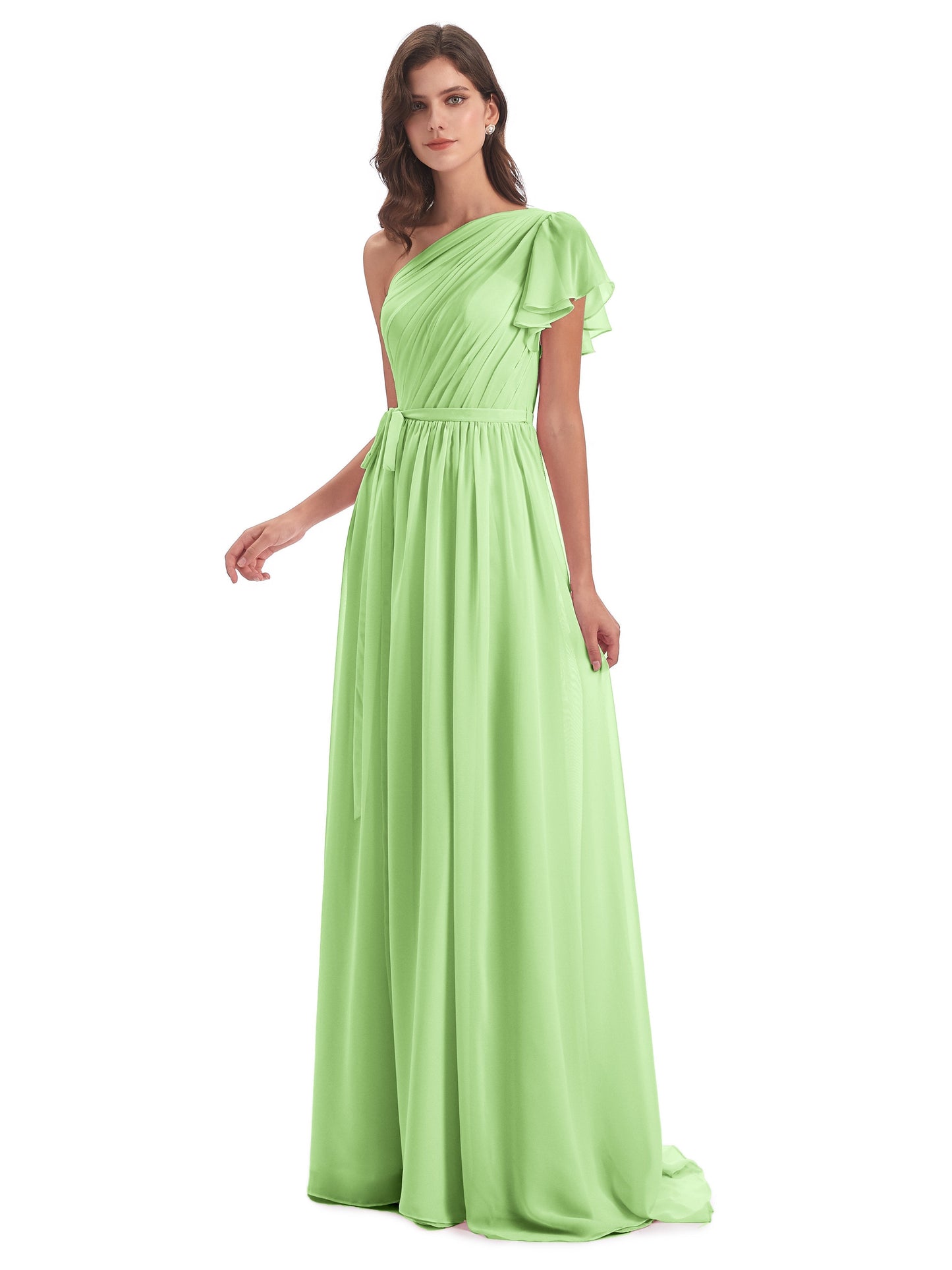 A-line Sweep-Brush Train One Shoulder Chiffon Long Bridesmaid Dresses